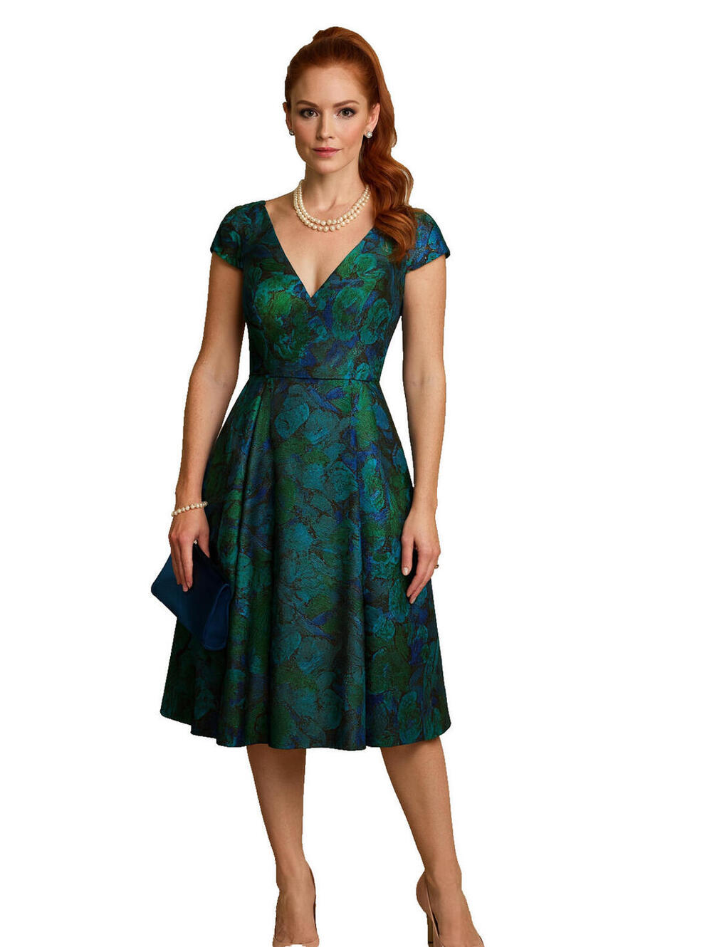 Badgley Mischka Blue Green Metallic Floral Brocade Fit Flare Dress Cap Sleeve *4 - Picture 3 of 5